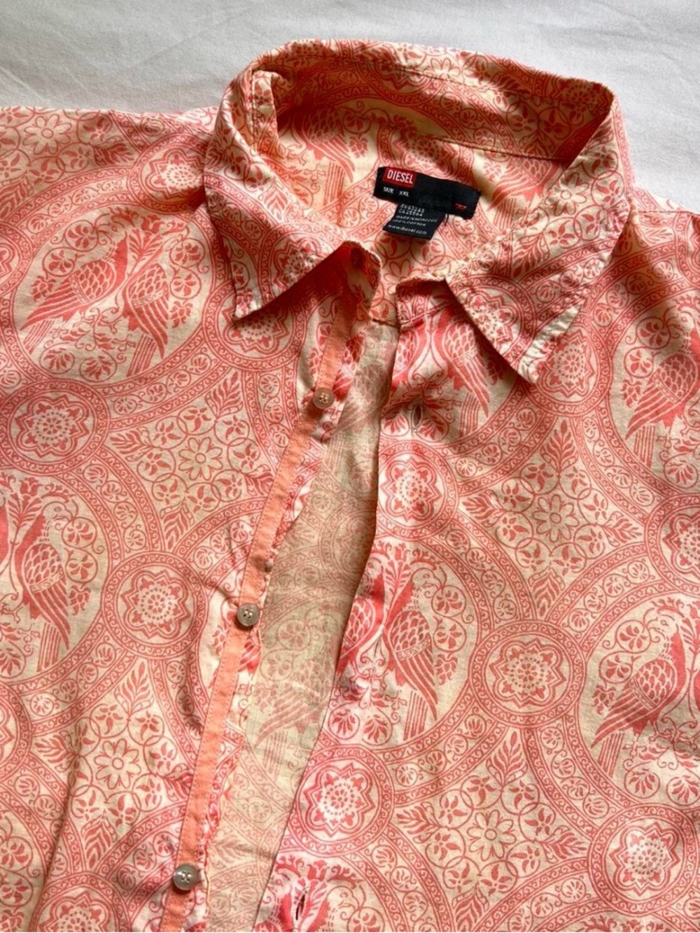 Vintage 90s Diesel Coral and Cream Paisley Short-Sleeve Button-Down Shirt